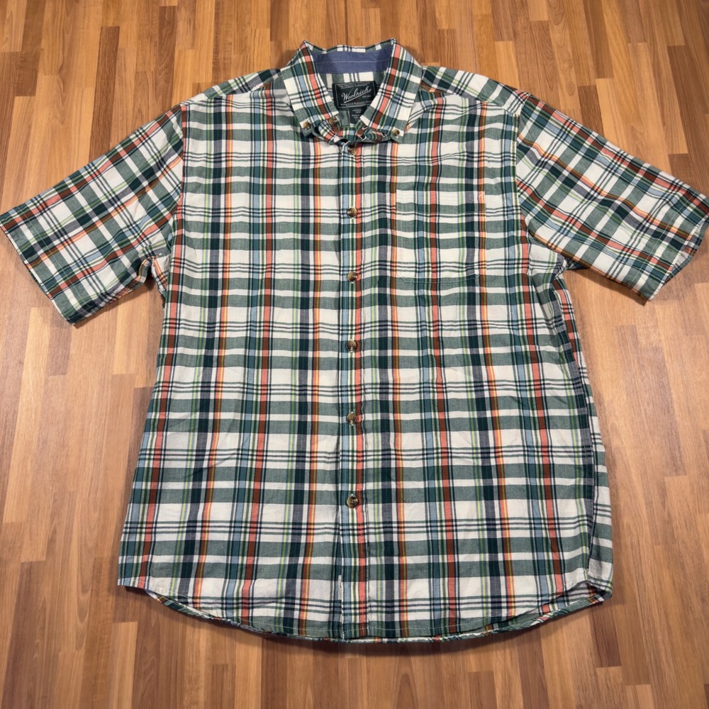 Woolrich Mens Plaid Short Sleeve Button Down Shirt Organic Cotton Green Orange M
